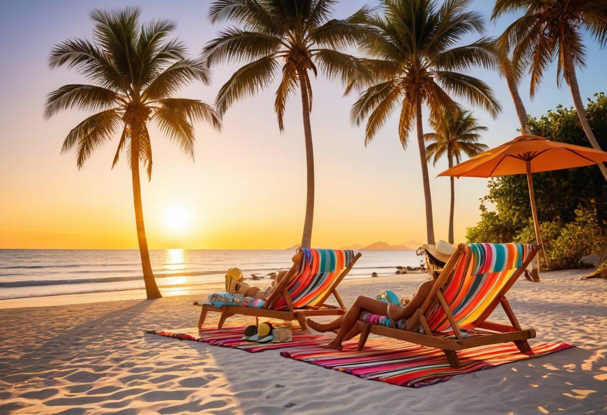 A picturesque beach scene showcasing a variety of stylish beachwear accessorized with trendy hats, statement sunglasses, and colorful beach bags. Add a vibrant beach towel draped over a lounge chair and tropical palm trees in the background. The sun setting creates a warm, inviting atmosphere. super-realistic. vibrant colors. 3D.